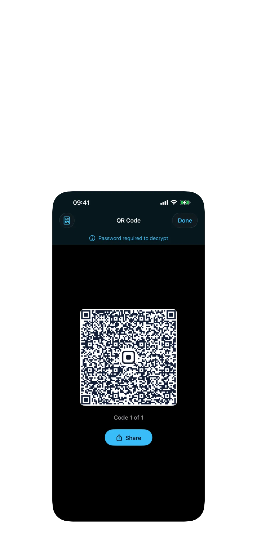 A Qryo-generated QR code on iPhone, password-locked.
