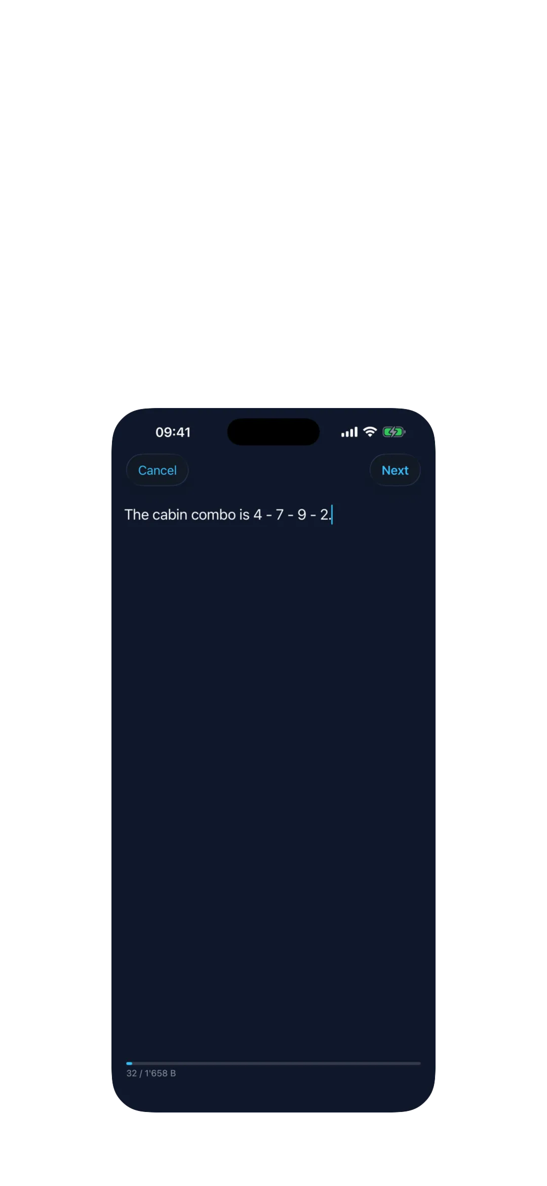 Qryo message editor on iPhone with a sample secret being typed.