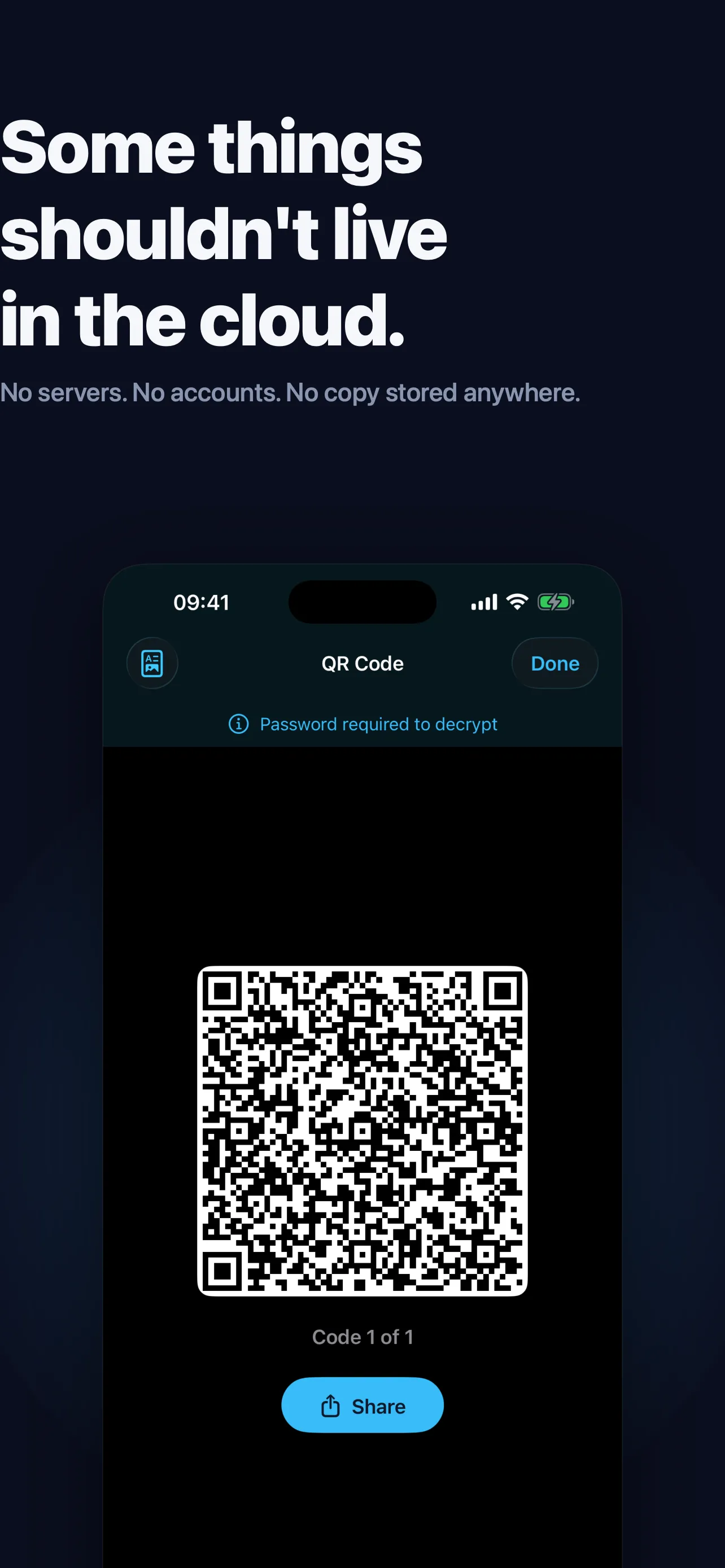 A Qryo-generated QR code on iPhone, password-locked.