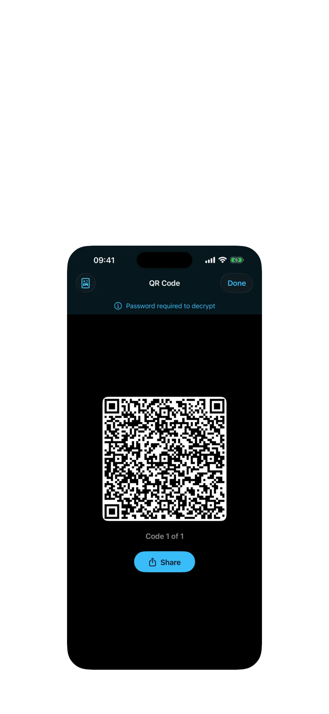 A Qryo-generated QR code on iPhone, password-locked.