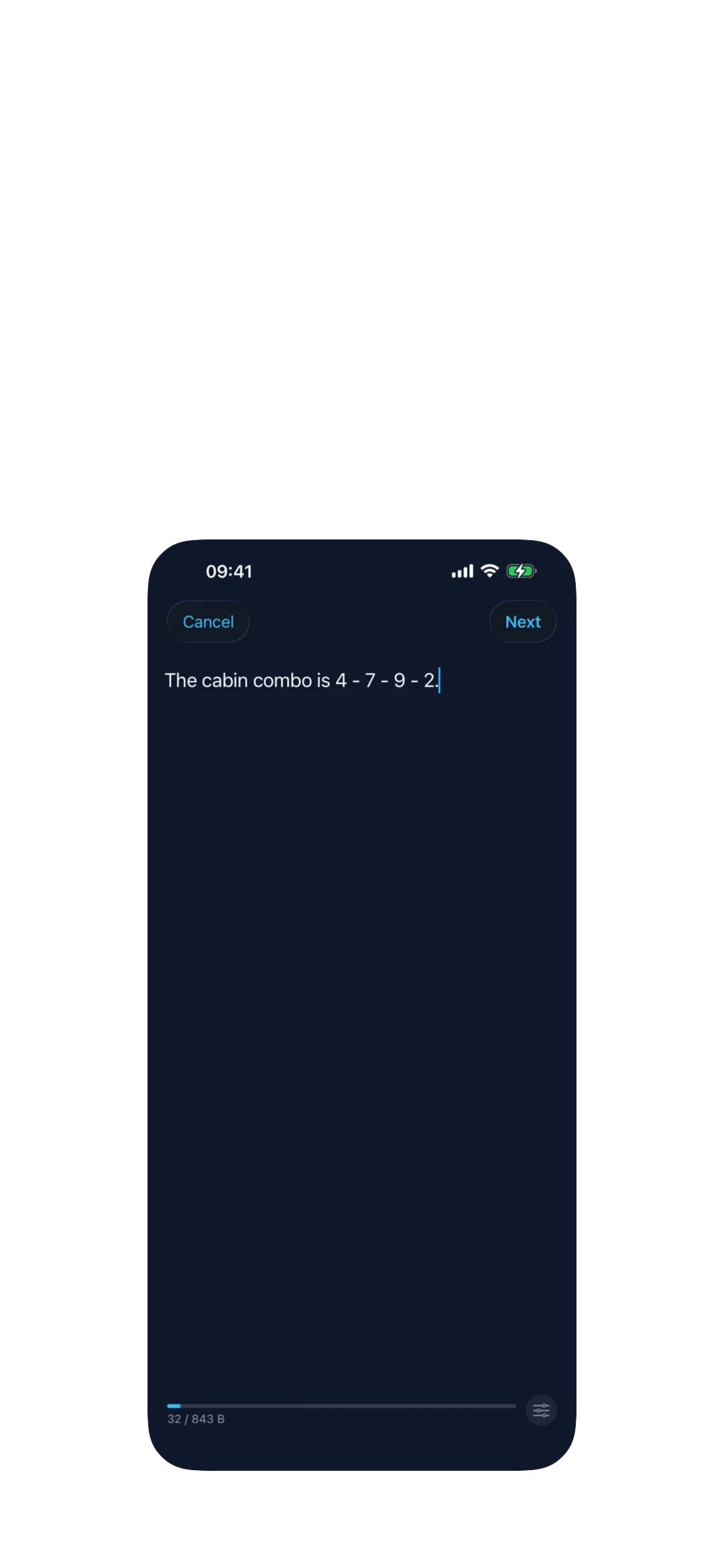 Qryo message editor on iPhone with a sample secret being typed.