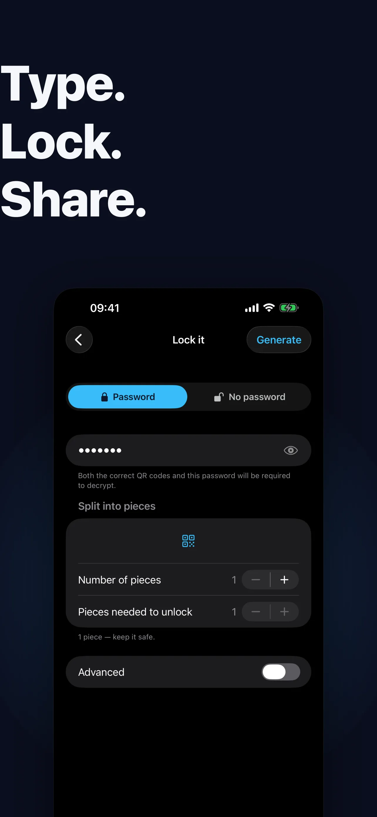 Qryo's lock screen showing password and split-into-pieces options.