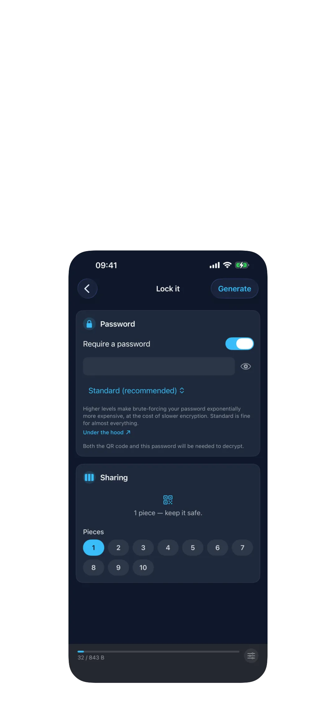 Qryo lock screen showing password and sharing options.
