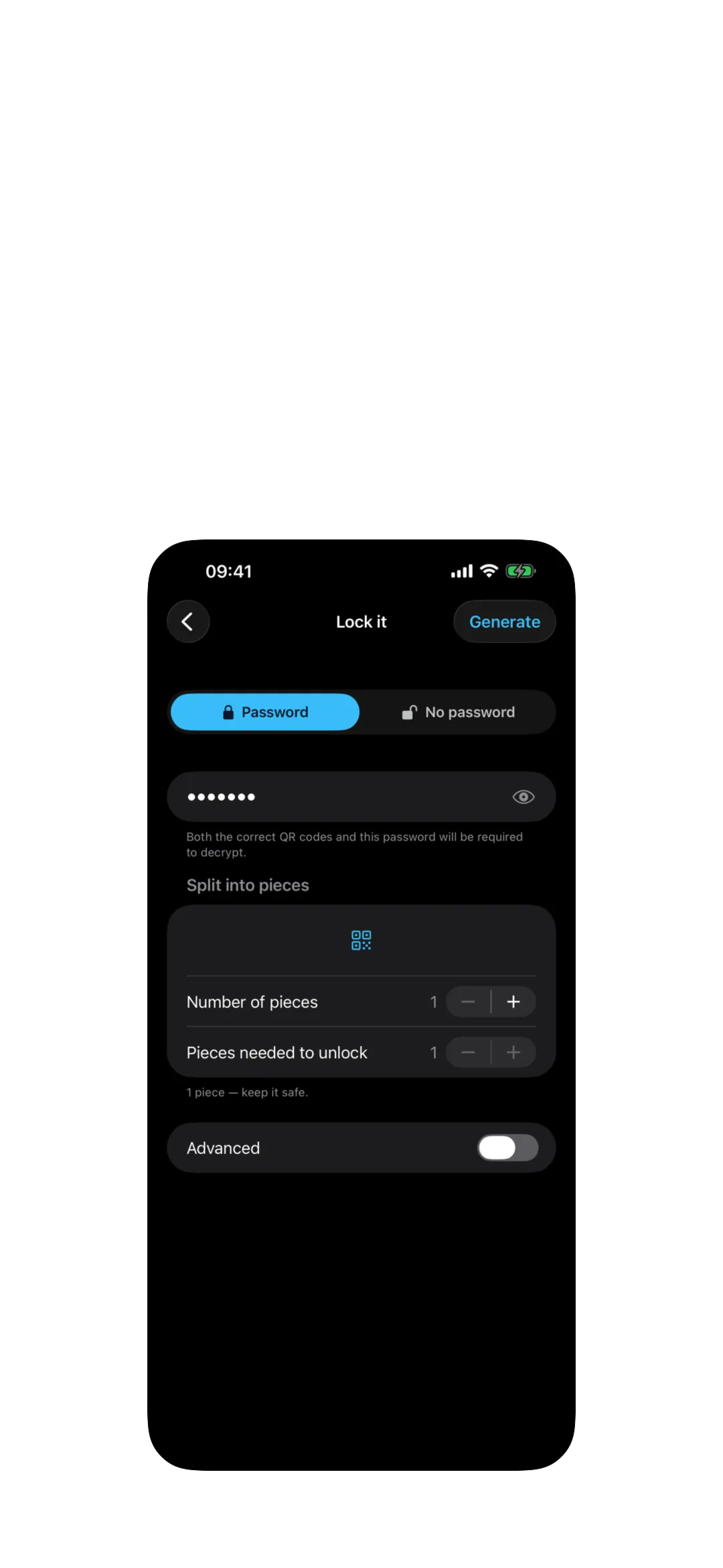 Qryo lock screen showing password and split-into-pieces options.