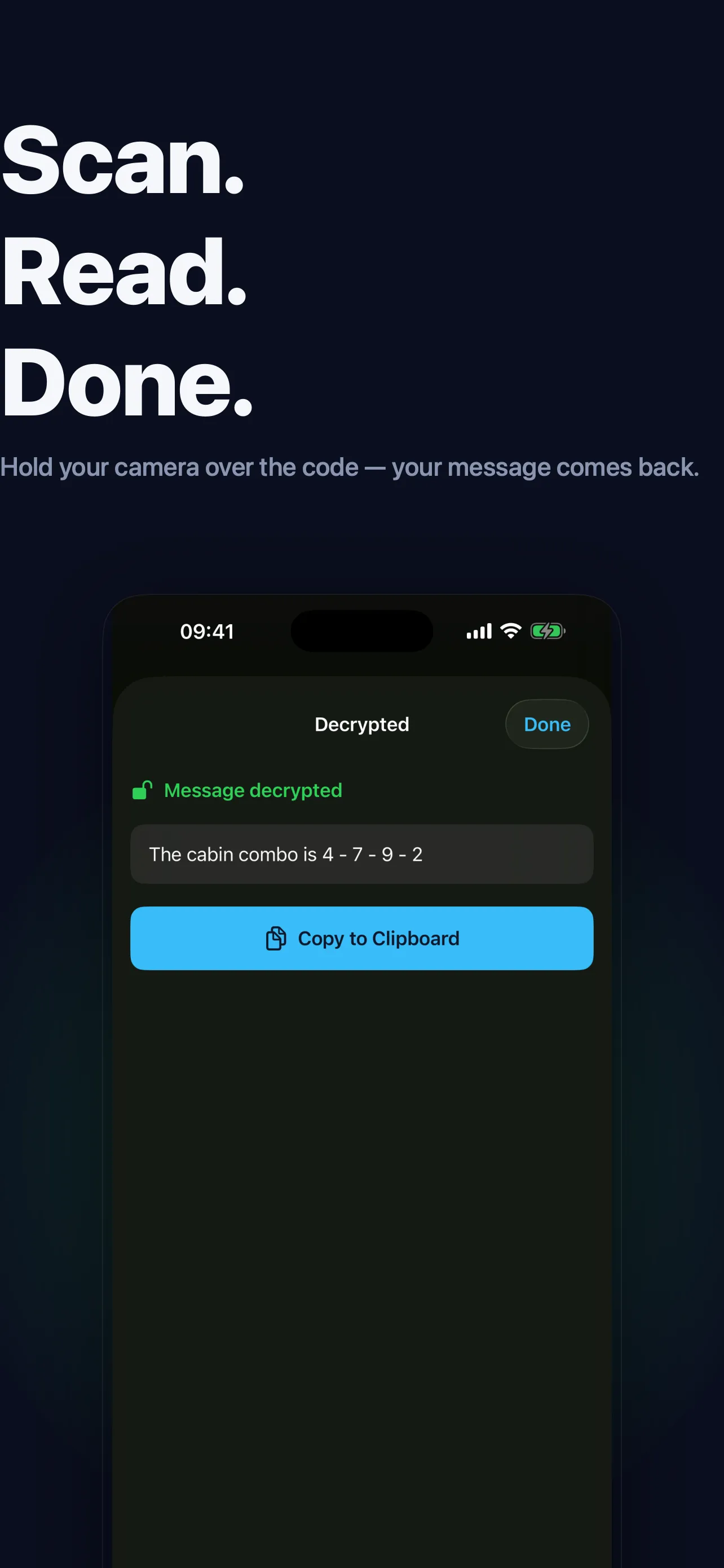 Qryo showing a successfully decrypted message in green.