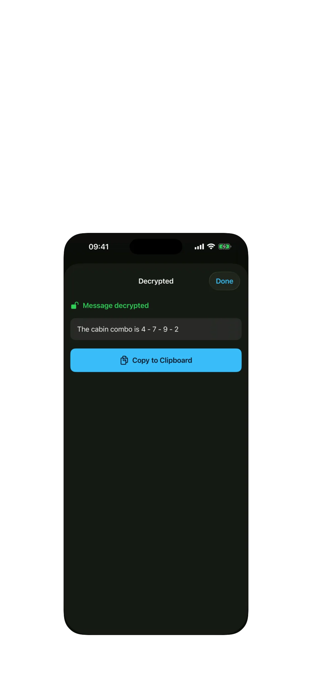 Qryo showing a successfully decrypted message in green.