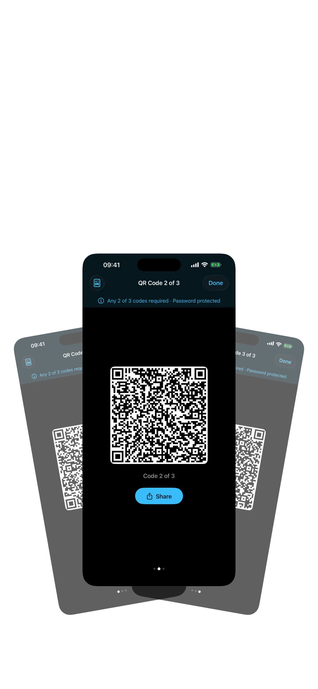 Three Qryo QR codes fanned out — two of three required to unlock.