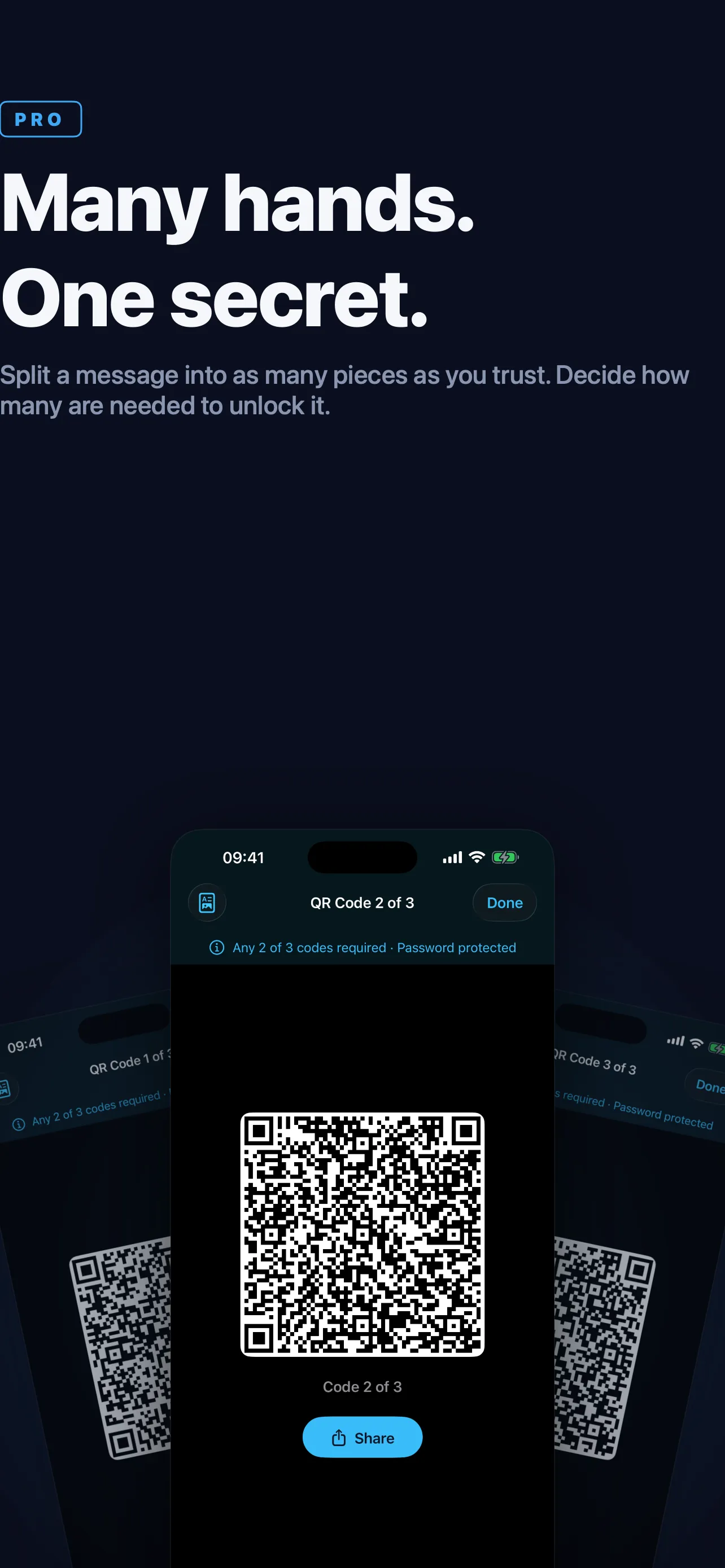 Three Qryo QR codes fanned out, two of three required to unlock.