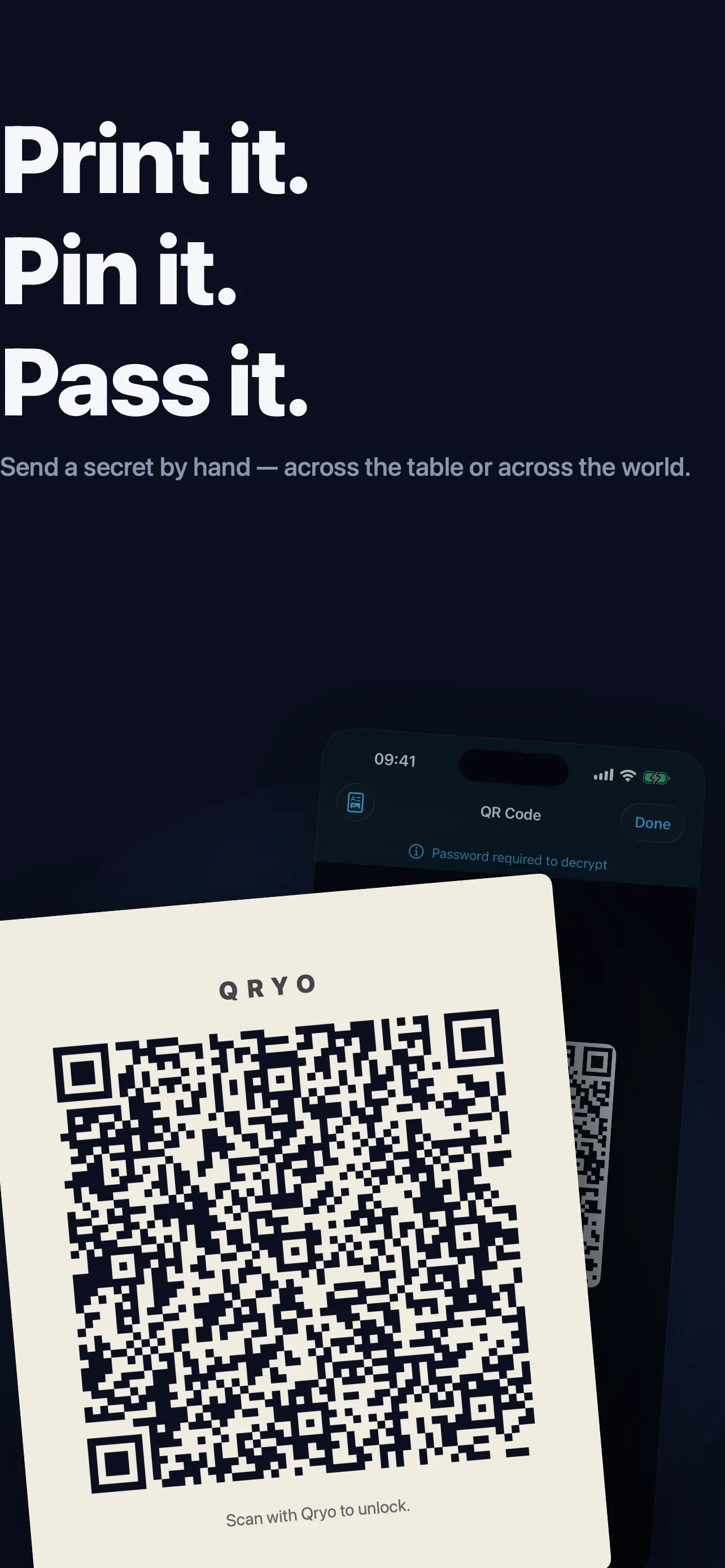A printed Qryo QR card resting beside a phone showing the same code.