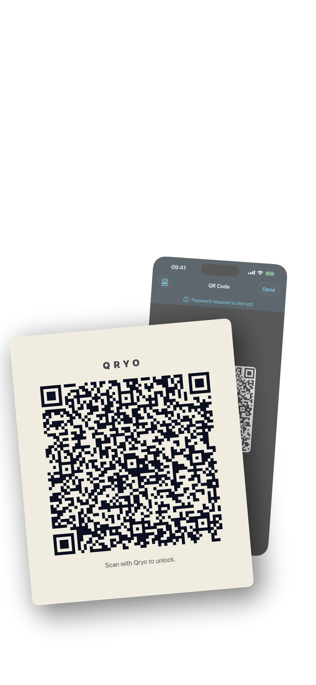 A printed Qryo QR card resting beside a phone showing the same code.