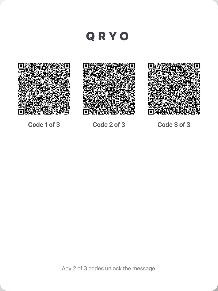 A single printed page laid out with three Qryo QR codes in a row, each labelled 'Code N of 3'.