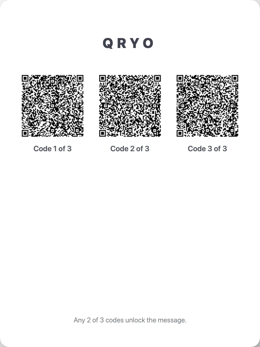 A single printed page laid out with three Qryo QR codes in a row, each labelled 'Code N of 3'.