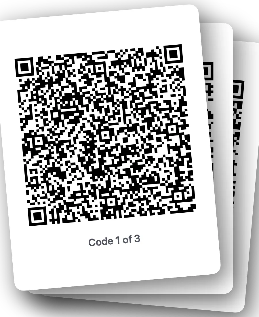 A stack of three printed pages fanned out, each with a single Qryo QR code labelled 'Code N of 3'.