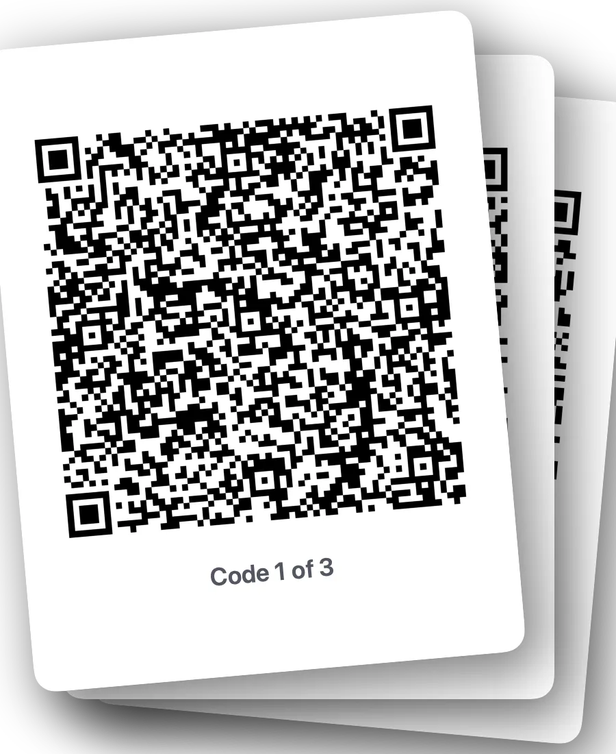 A stack of three printed pages fanned out, each with a single Qryo QR code labelled 'Code N of 3'.