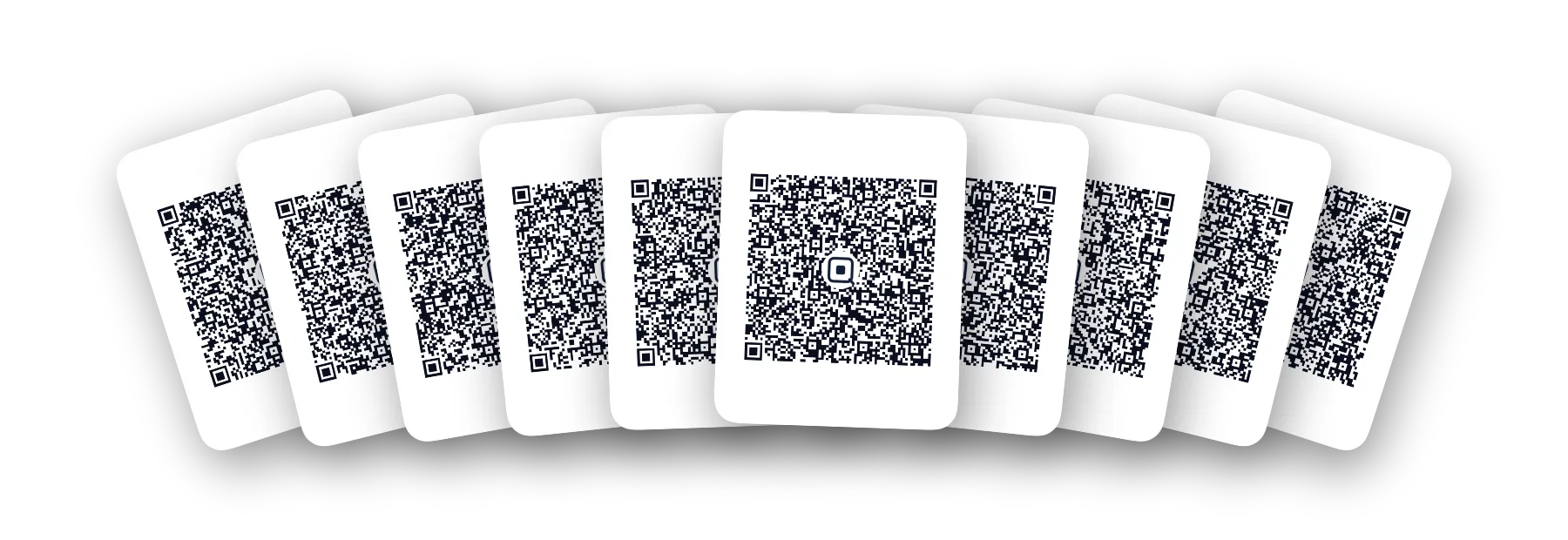 Ten Qryo QR cards fanned out side by side, each carrying a different share of the same secret.