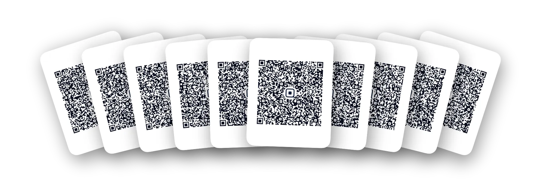 Ten Qryo QR cards fanned out side by side, each carrying a different share of the same secret.
